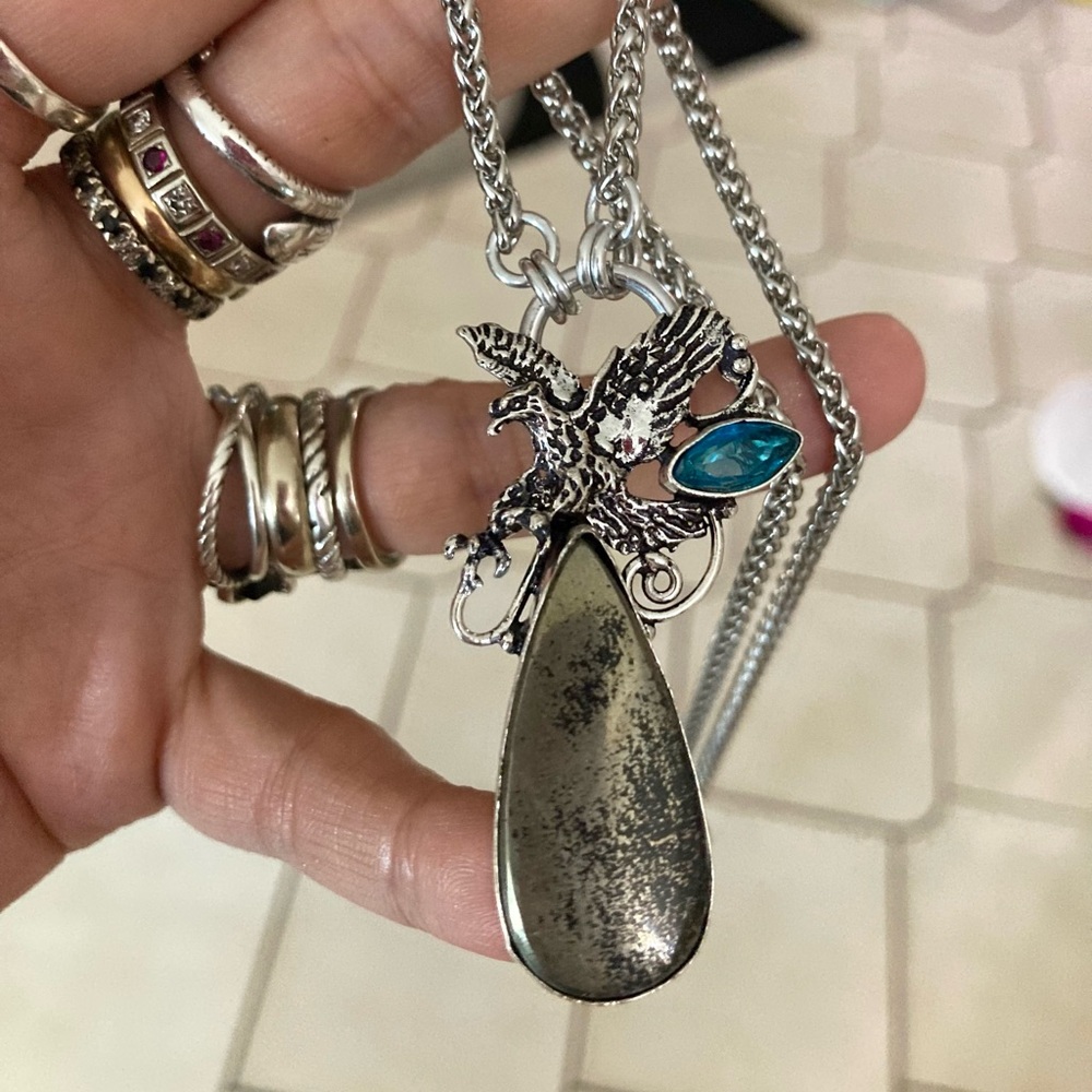 Blue topaz & golden black pyrite gemstone eagle charm boho necklace - Picture 10 of 16